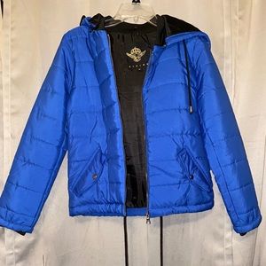 Electric blue puffer bomber jacket